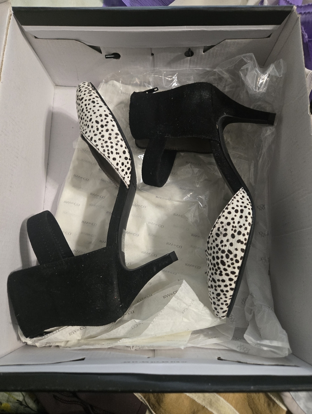 RW&CO.  VTG Black Suede and White Spotted D'Orsay Heels - Picture 3 of 3